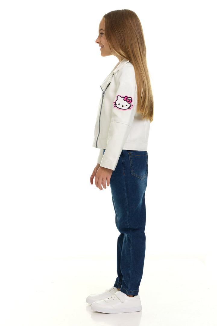 Hello Kitty Girls' Zip-Up Leather Jacket White