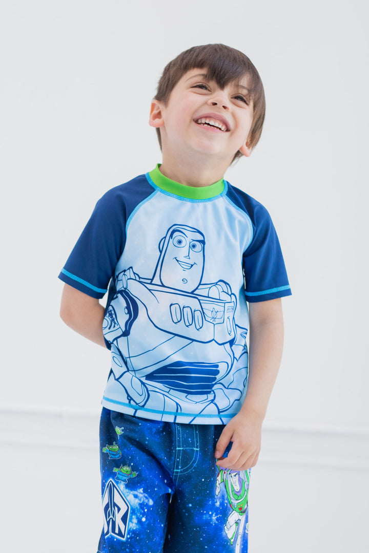 Disney Toy Story Short Sleeve Rash Guard and Swim Trunks Set Buzz Aliens Blue