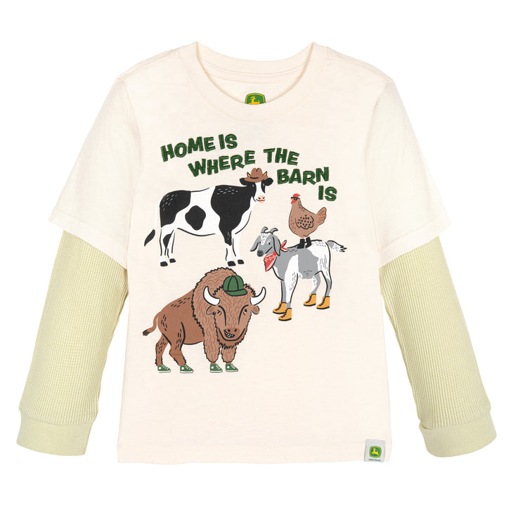 John Deere Boys' Long Sleeve T-Shirt Beige Olive Green