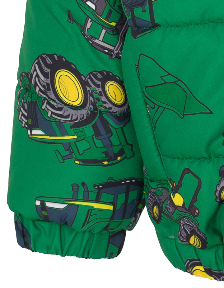 John Deere Boys' Quilted Hooded Puffer Jacket Tractor Green Print