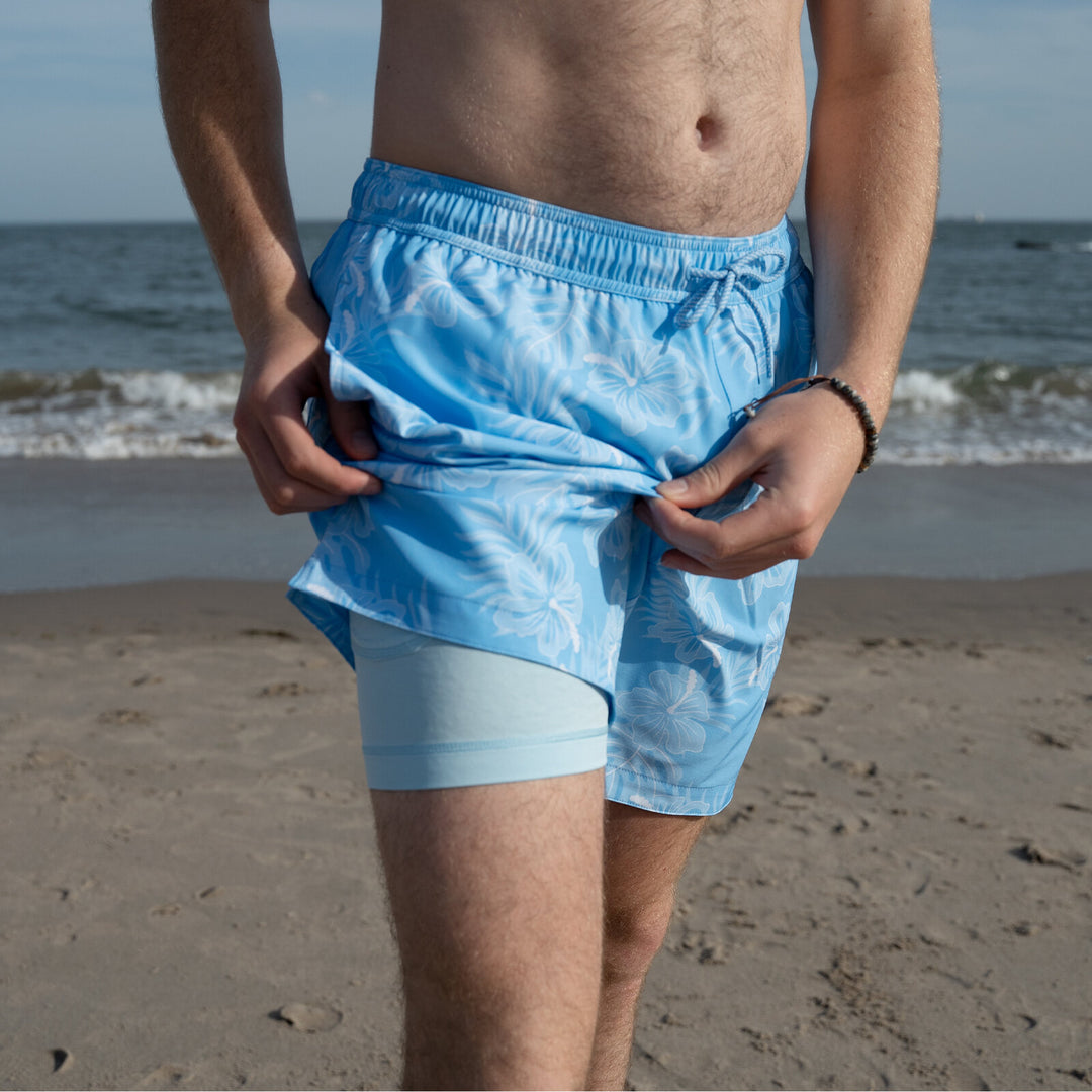 Dreamwave Men's Compression Liner Swim Trunks with Phone Pocket 7 inch Inseam Anti Chafing Tropical Blue