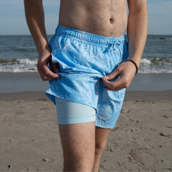 Dreamwave Men's 2-Pack Compression Liner Swim Trunks with Phone Pocket 7 inch Inseam Anti Chafing Navy Blue Floral