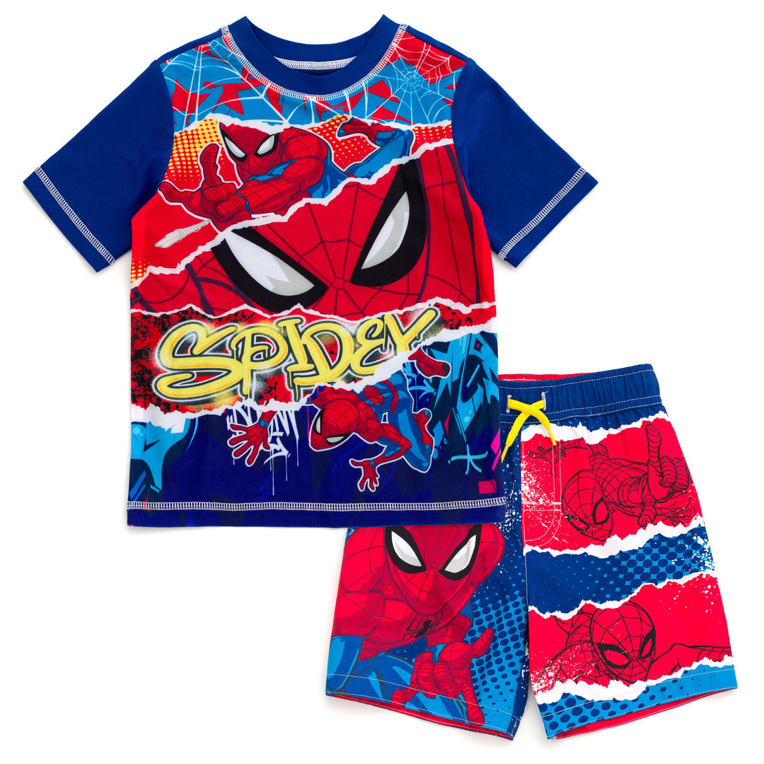 Marvel Spider-Man Boys' 2-Piece Rash Guard and Swim Trunks Set Graffiti