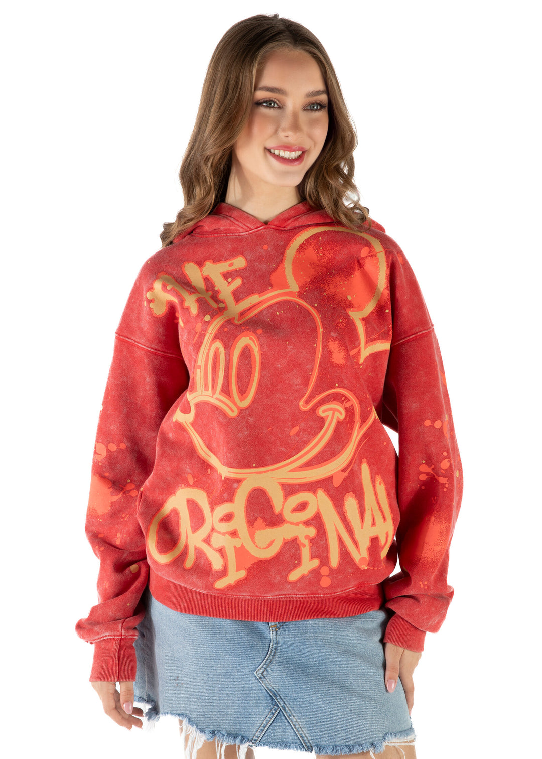 Disney Mickey Mouse Men's Fleece Pullover Hoodie Red Acid Wash