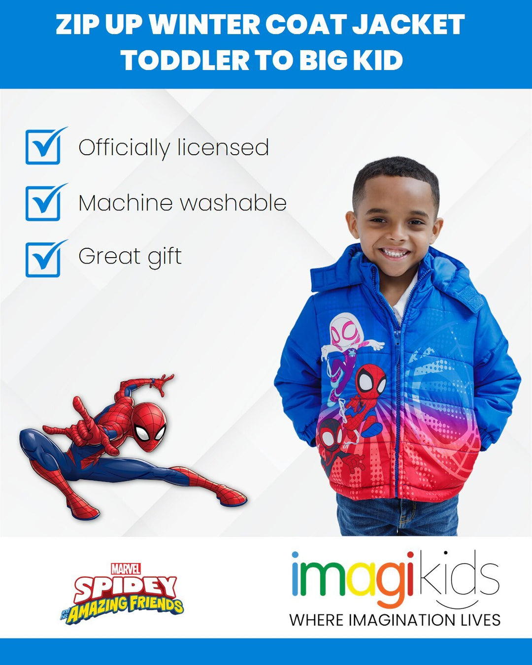 Marvel Spidey and His Amazing Friends Hooded Zip-Up Puffer Jacket Red Gradient