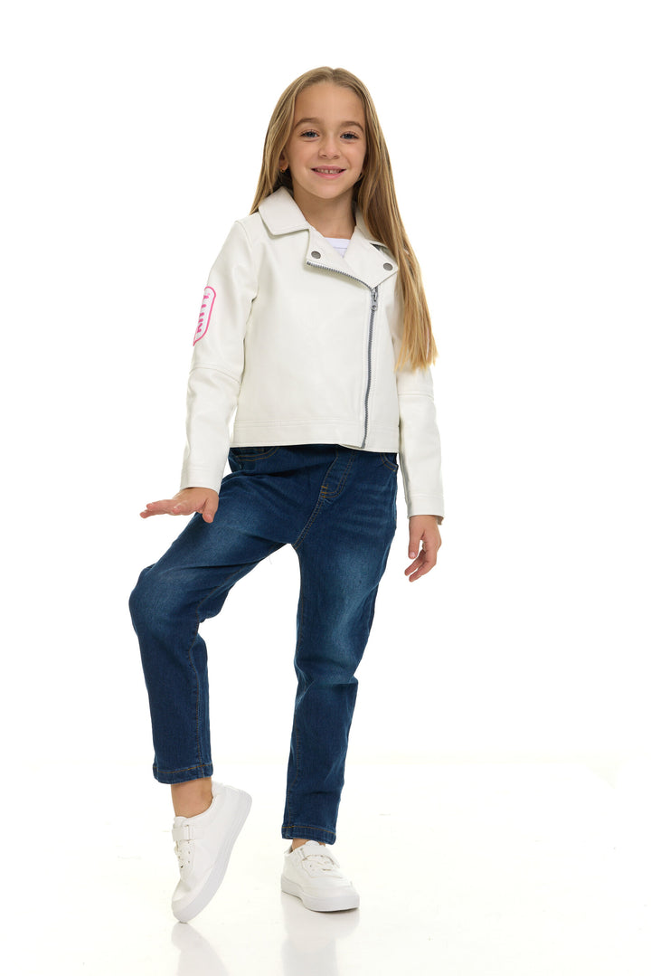 Hello Kitty Girls' Zip-Up Leather Jacket White