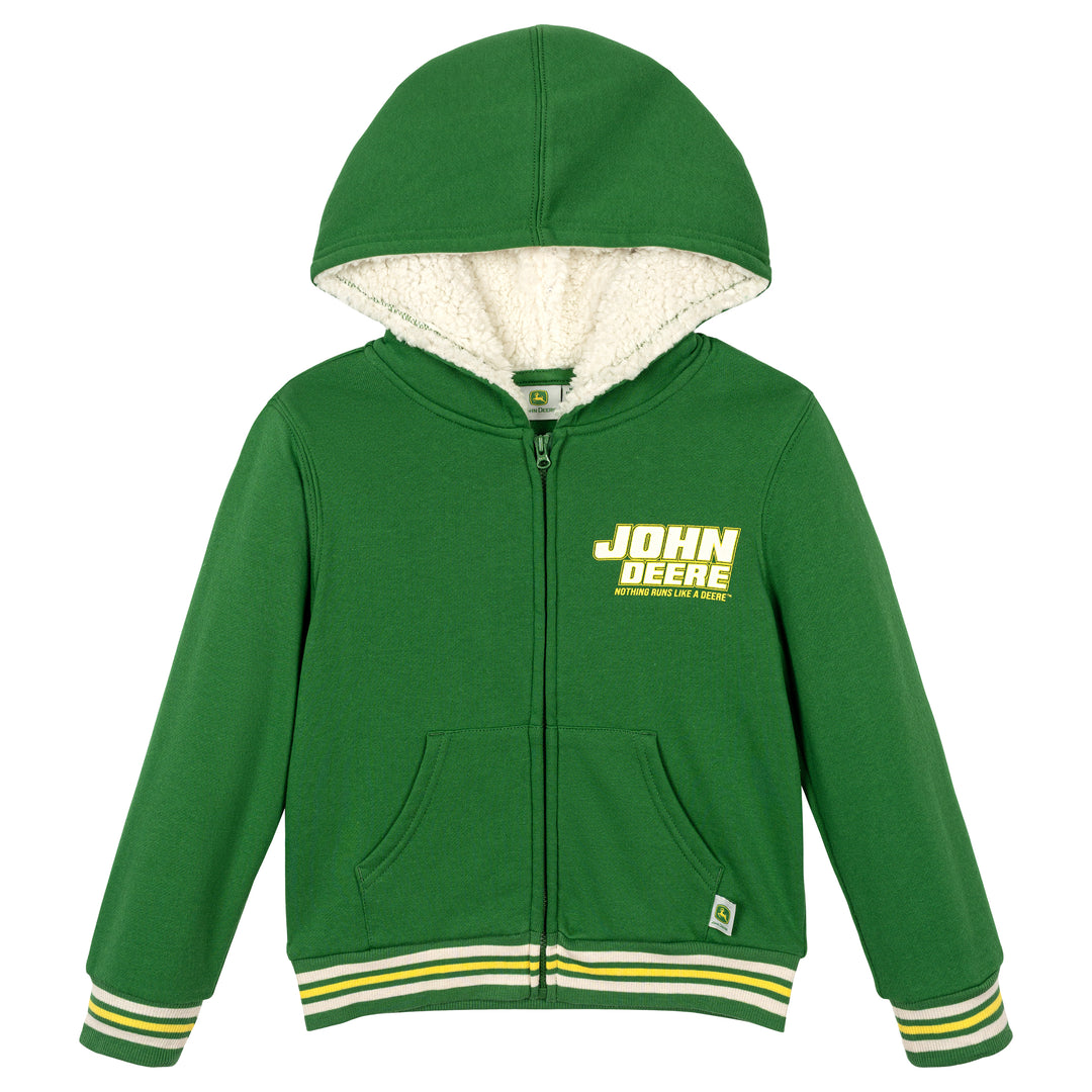 John Deere Boys' Fleece Zip-Up Hoodie Green Cream