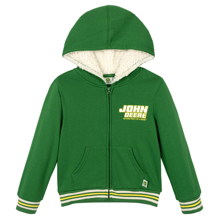 John Deere Boys' Fleece Zip-Up Hoodie Green Cream