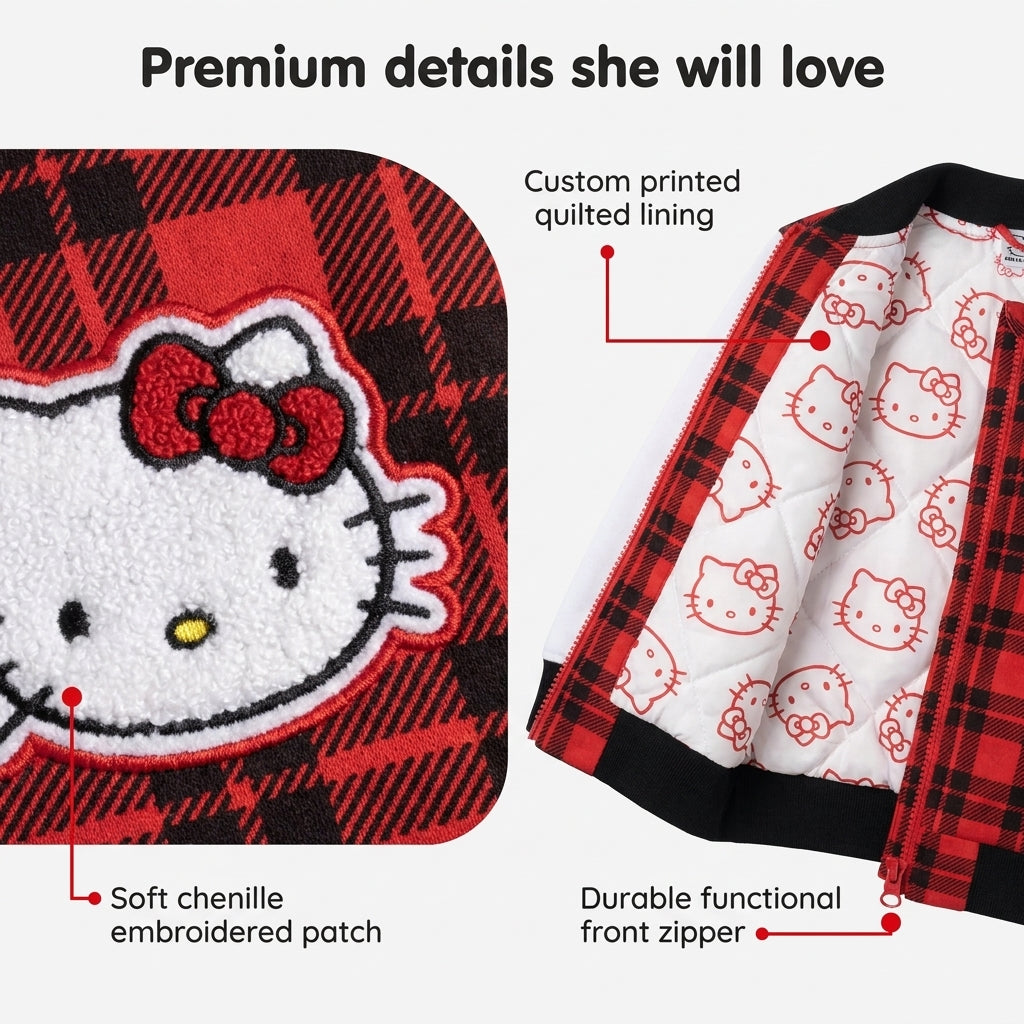Hello Kitty Girls' Varsity Bomber Jacket Red Plaid