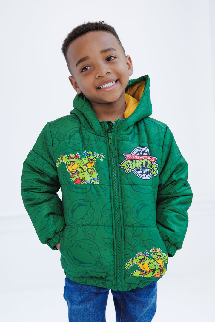 Teenage Mutant Ninja Turtles Boys' Zip-Up Hooded Puffer Jacket Forest Green