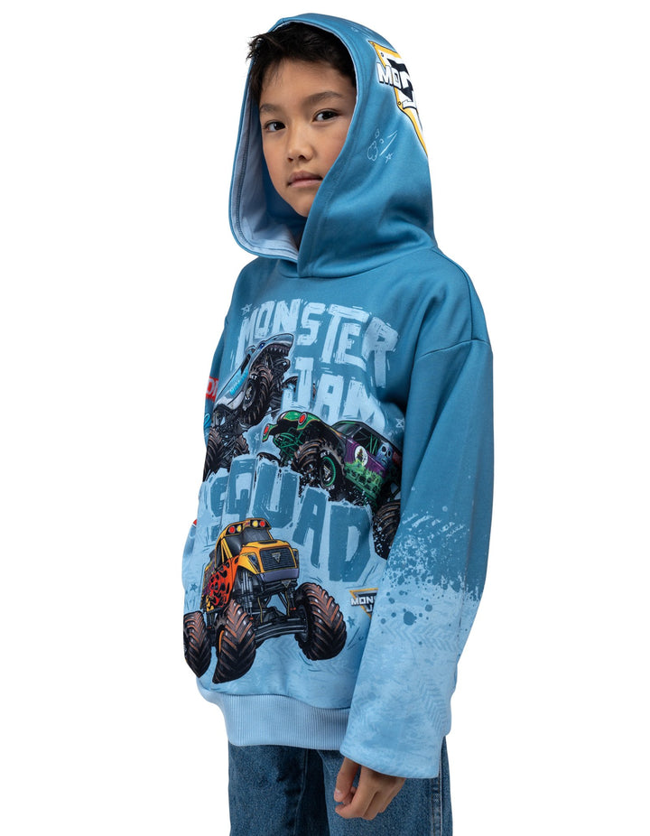 Monster Jam Boys' Sublimated Fleece Hooded Sweatshirt Icy Slate Blue