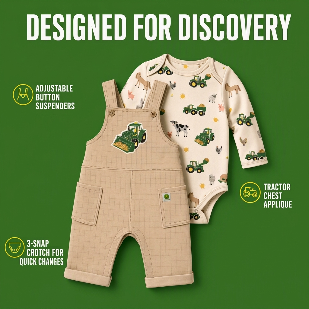 John Deere Baby Boys' 2-Piece Bodysuit and Overalls Set Khaki Cream