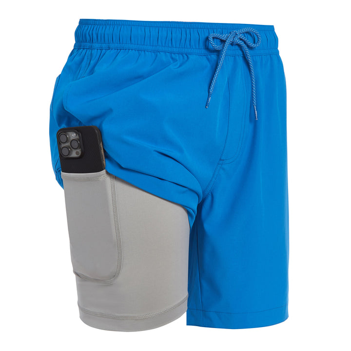 Dreamwave Men's Compression Liner Swim Trunks with Phone Pocket 7 inch Inseam Anti Chafing Bright Blue Grey