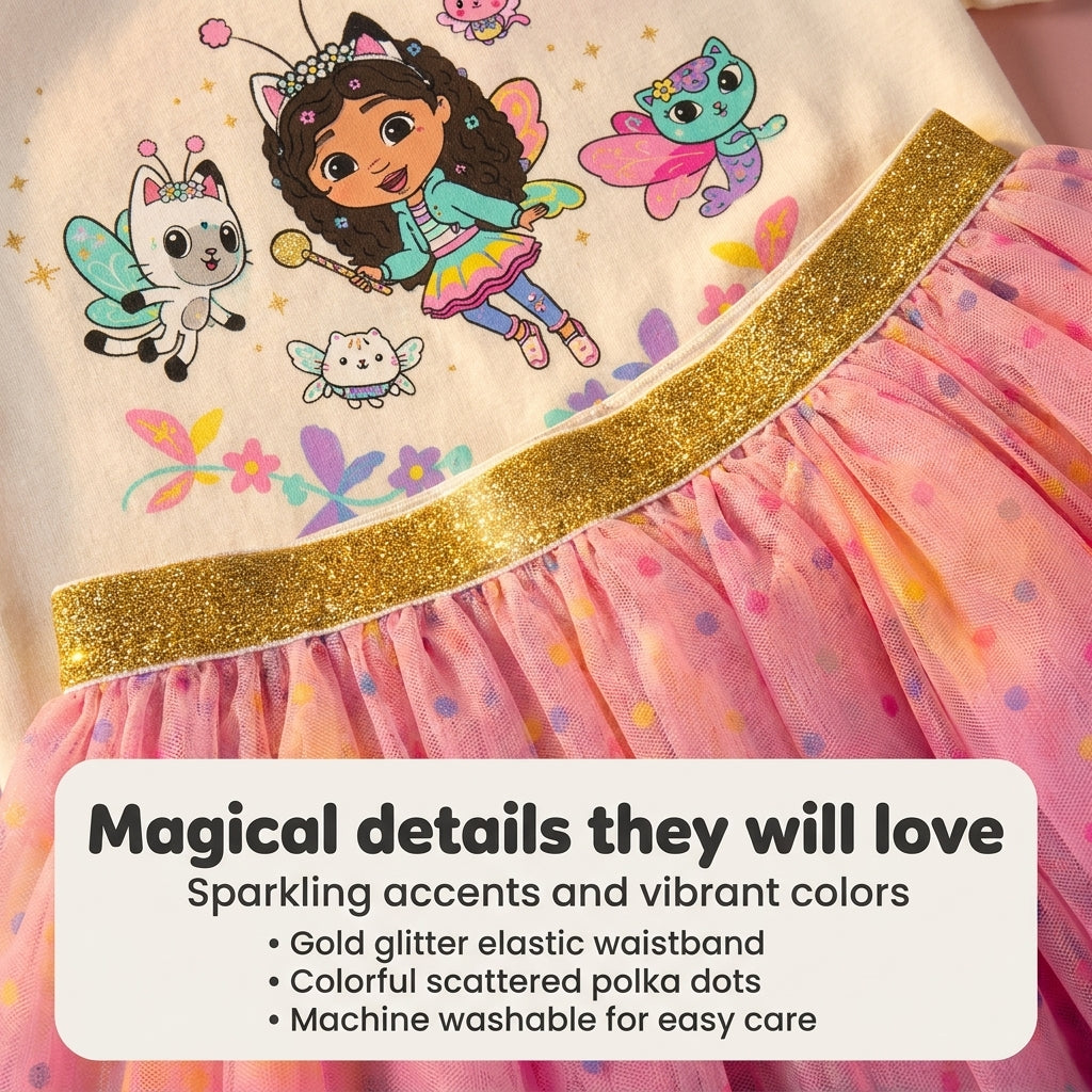 Gabby's Dollhouse T-Shirt and Tutu Skirt Set with Scrunchie Tusk Rainbow Polka