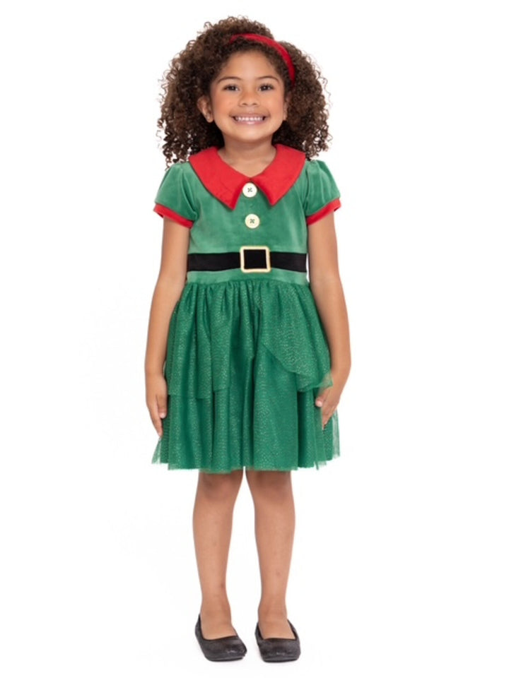 imagikids Girls' Holiday Short Sleeve Tulle Dress Green and Red