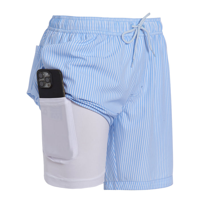 Dreamwave Men's Compression Liner Swim Trunks with Phone Pocket 7 inch Inseam Anti Chafing Blue White Stripe