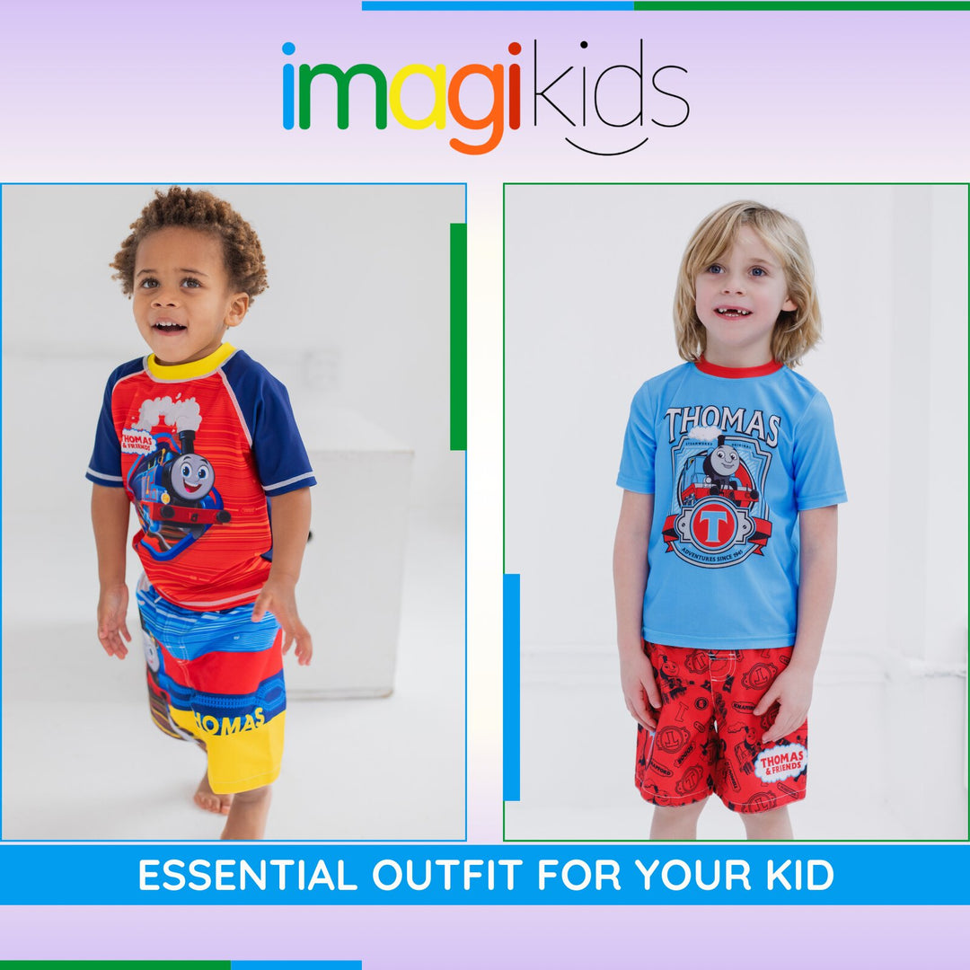 Thomas & Friends Boys' Swimwear 2-Piece Rash Guard and Swim Trunks Set Blue Red