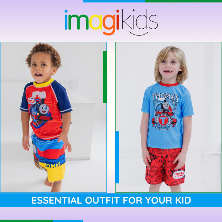 Thomas & Friends Boys' Swimwear 2-Piece Rash Guard and Swim Trunks Set Blue Red