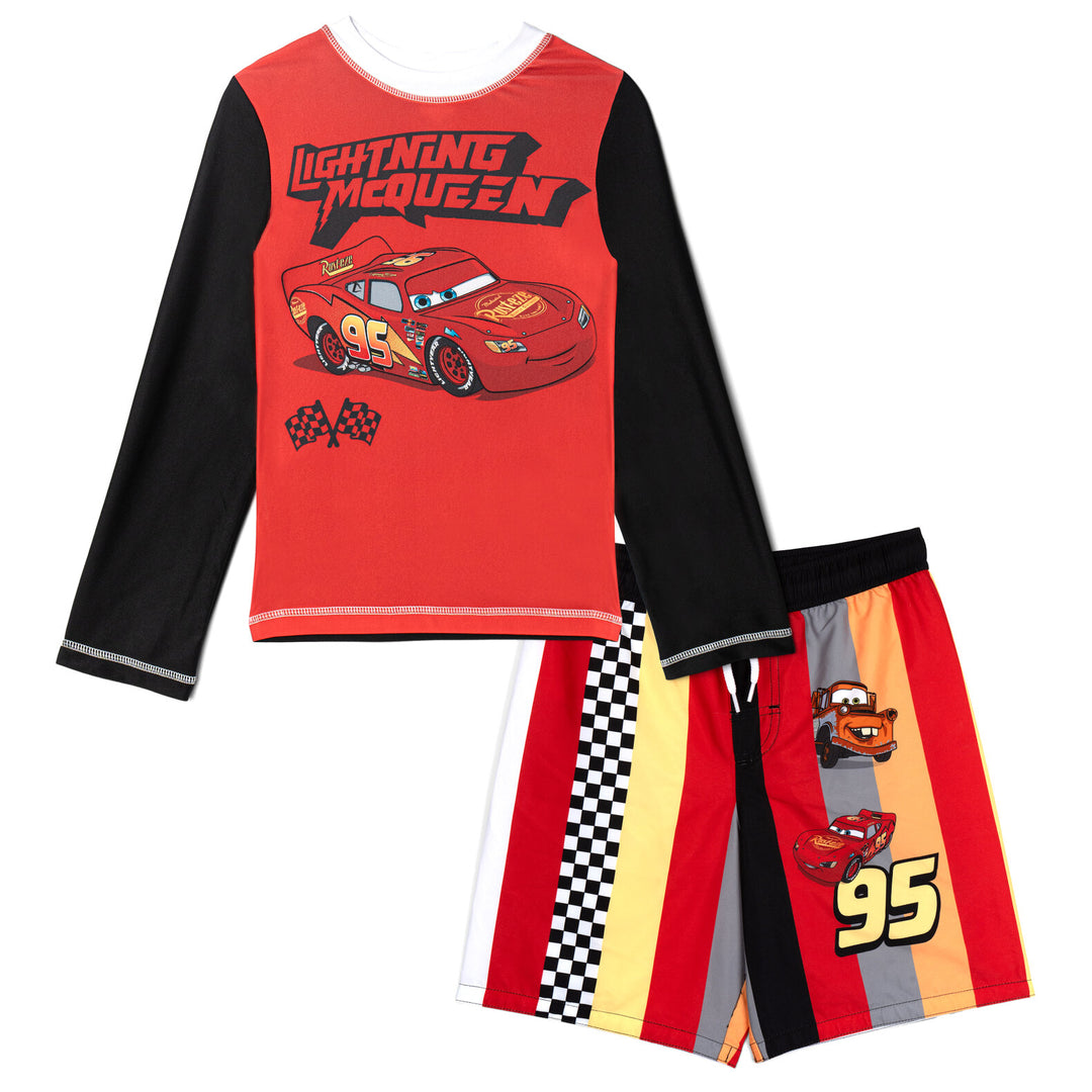 Cars Boys' 2-Piece Swimwear Rash Guard and Swim Trunks Set Lightning McQueen Red