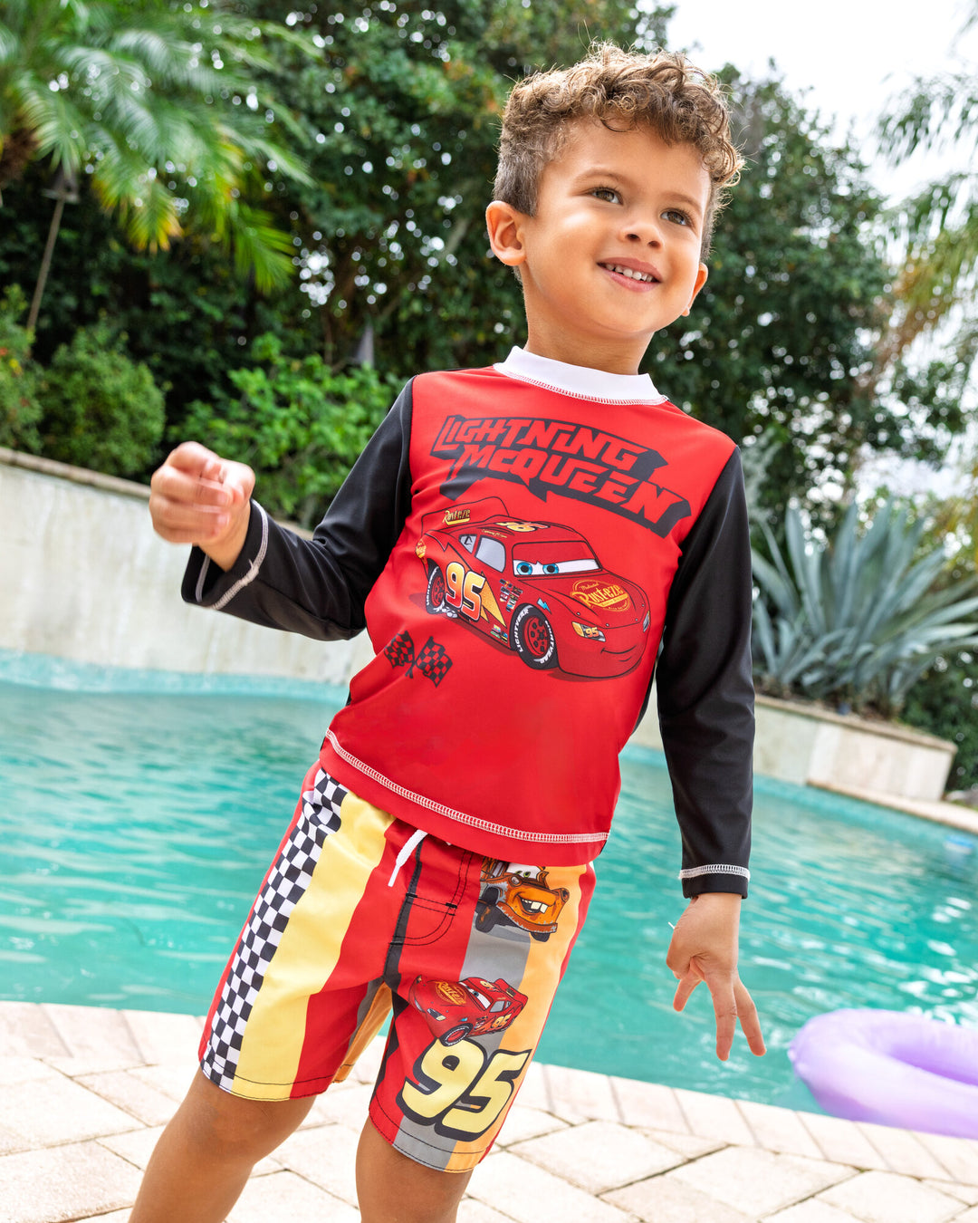 Cars Boys' 2-Piece Swimwear Rash Guard and Swim Trunks Set Lightning McQueen Red