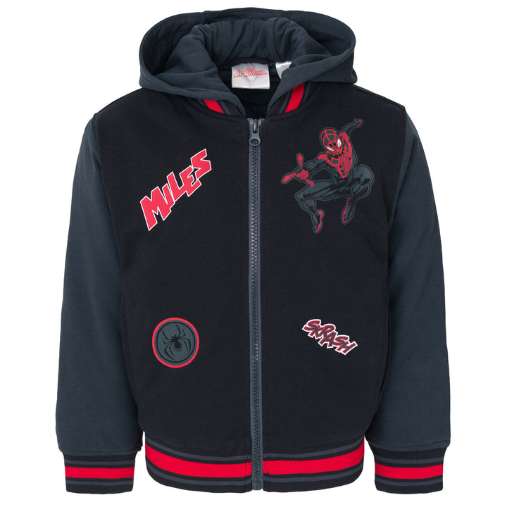 Marvel Spider-Verse Miles Morales Boys' Varsity Hooded Bomber Jacket Black