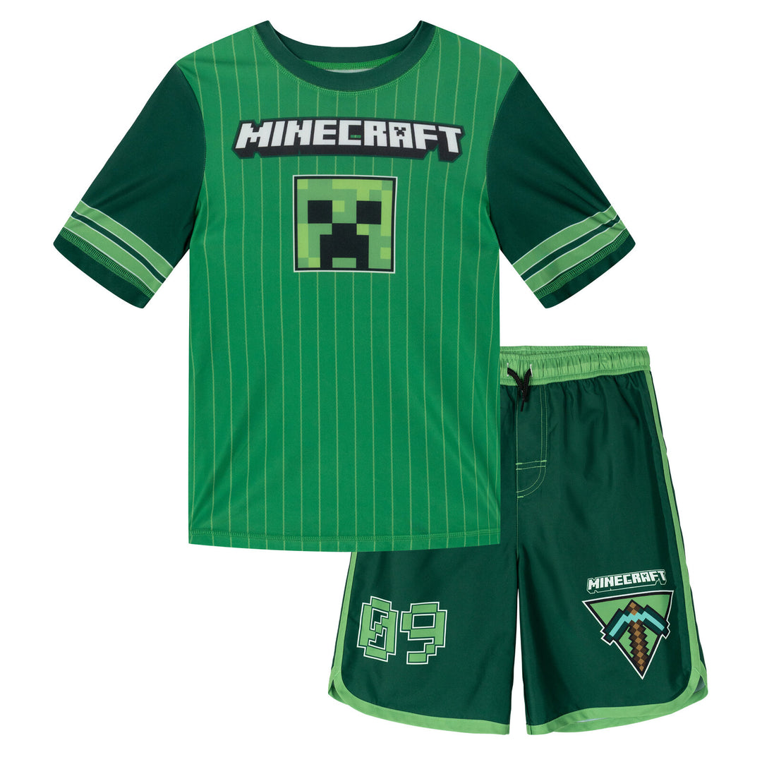 Minecraft Creeper Swimwear 2-Piece Rash Guard and Swim Trunks Set Dark Green