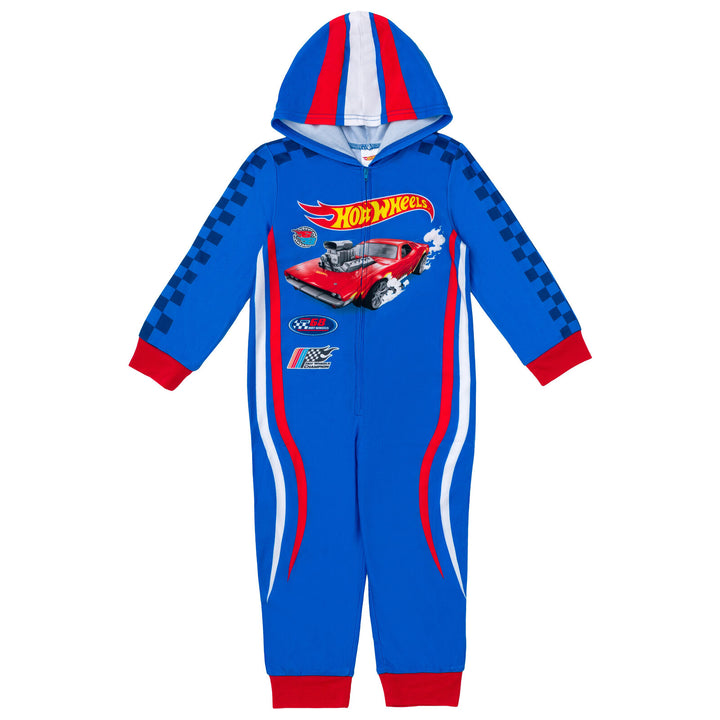 Hot Wheels Boys' Racing Fleece Hooded One Piece Pajama Royal Blue Red