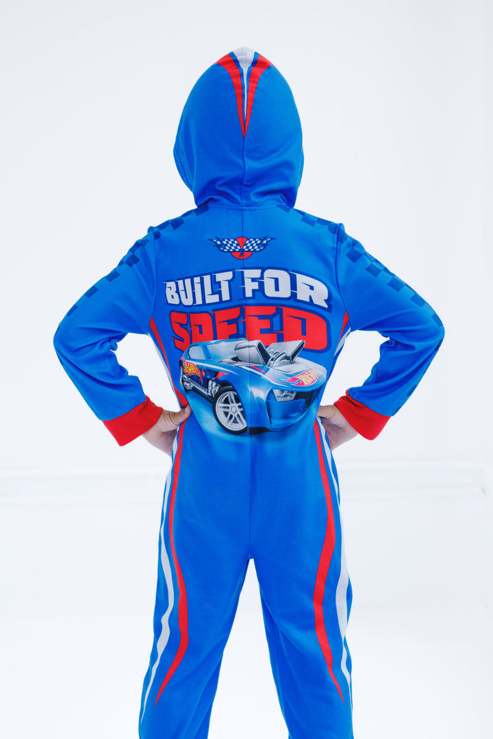 Hot Wheels Boys' Racing Fleece Hooded One Piece Pajama Royal Blue Red