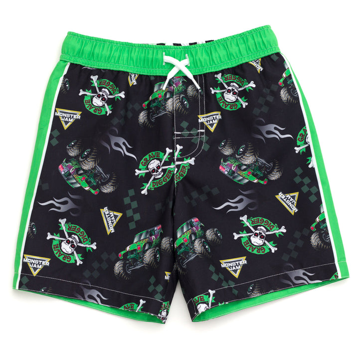 Monster Jam Grave Digger UPF 50+ 2-Piece Rash Guard and Swim Trunks Set Black