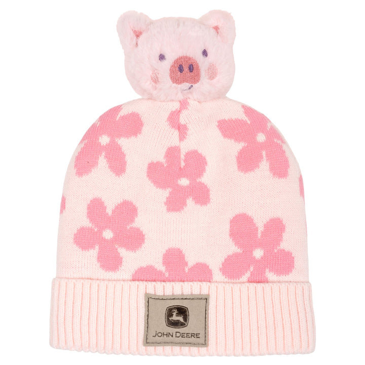 John Deere Toddler Girls' Pom Pom Beanie Hat with Sound Chip Pink Floral Pig