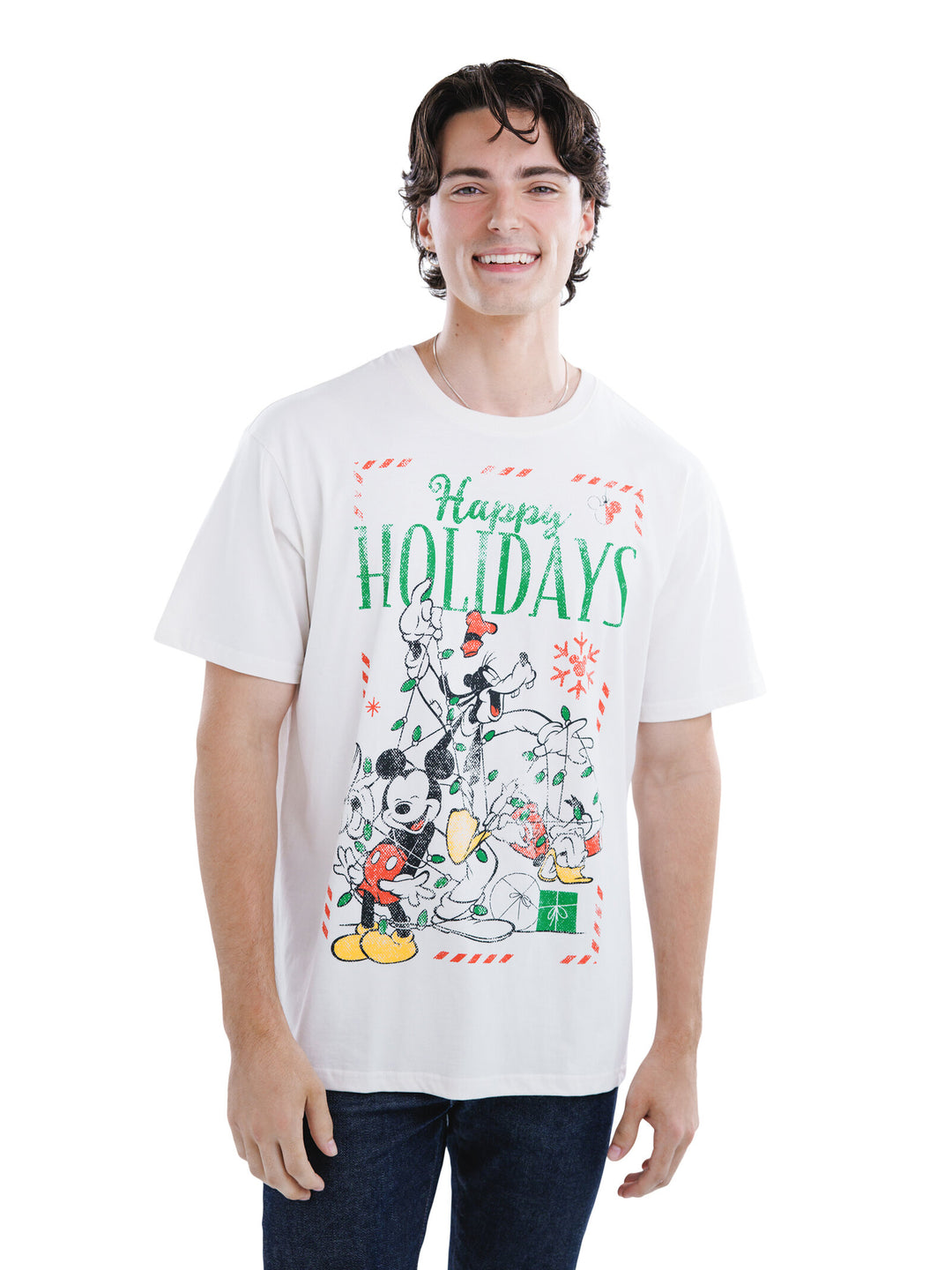 Disney Mickey Mouse Men's Holiday Short Sleeve T-Shirt Ivory Friends