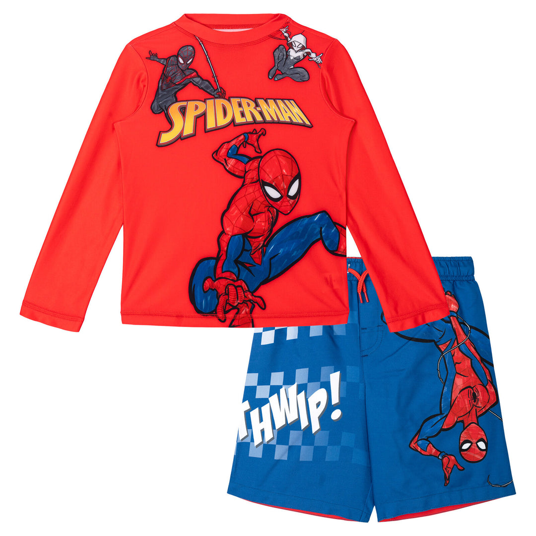 Marvel Spider-Man Boys' Long Sleeve Rash Guard and Swim Trunks Set Red Navy