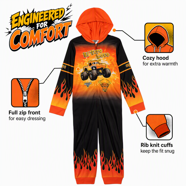 Monster Jam El Toro Loco Boys' Fleece Hooded One Piece Orange