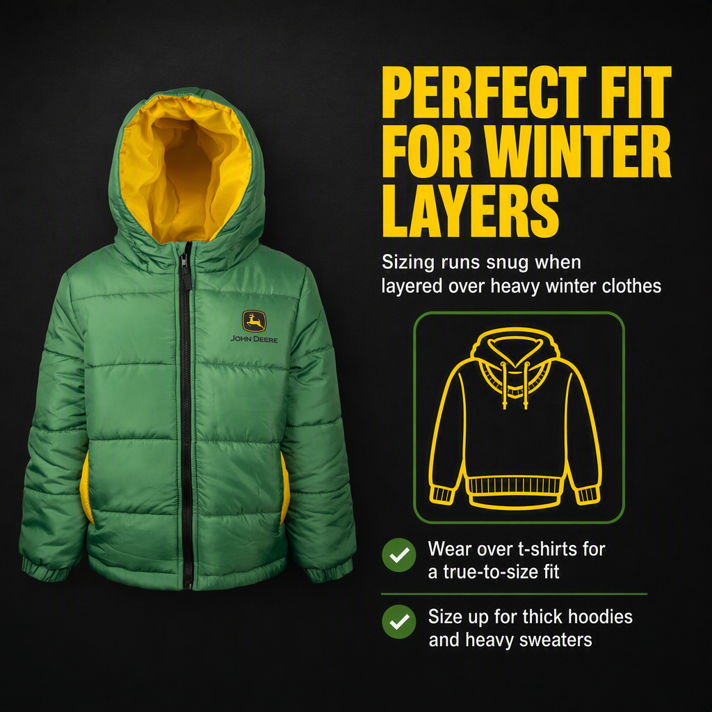 John Deere Boys' Hooded Puffer Jacket Green Chase and