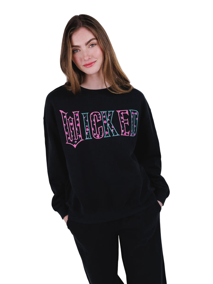 Wicked Women's Fleece Crewneck Pullover Black Floral