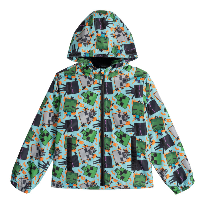 Minecraft Boys' Hooded Zip-Up Rain Jacket Light Blue