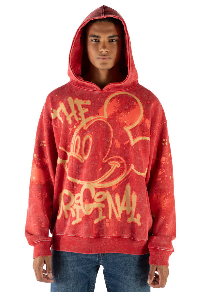 Disney Mickey Mouse Men's Fleece Pullover Hoodie Red Acid Wash