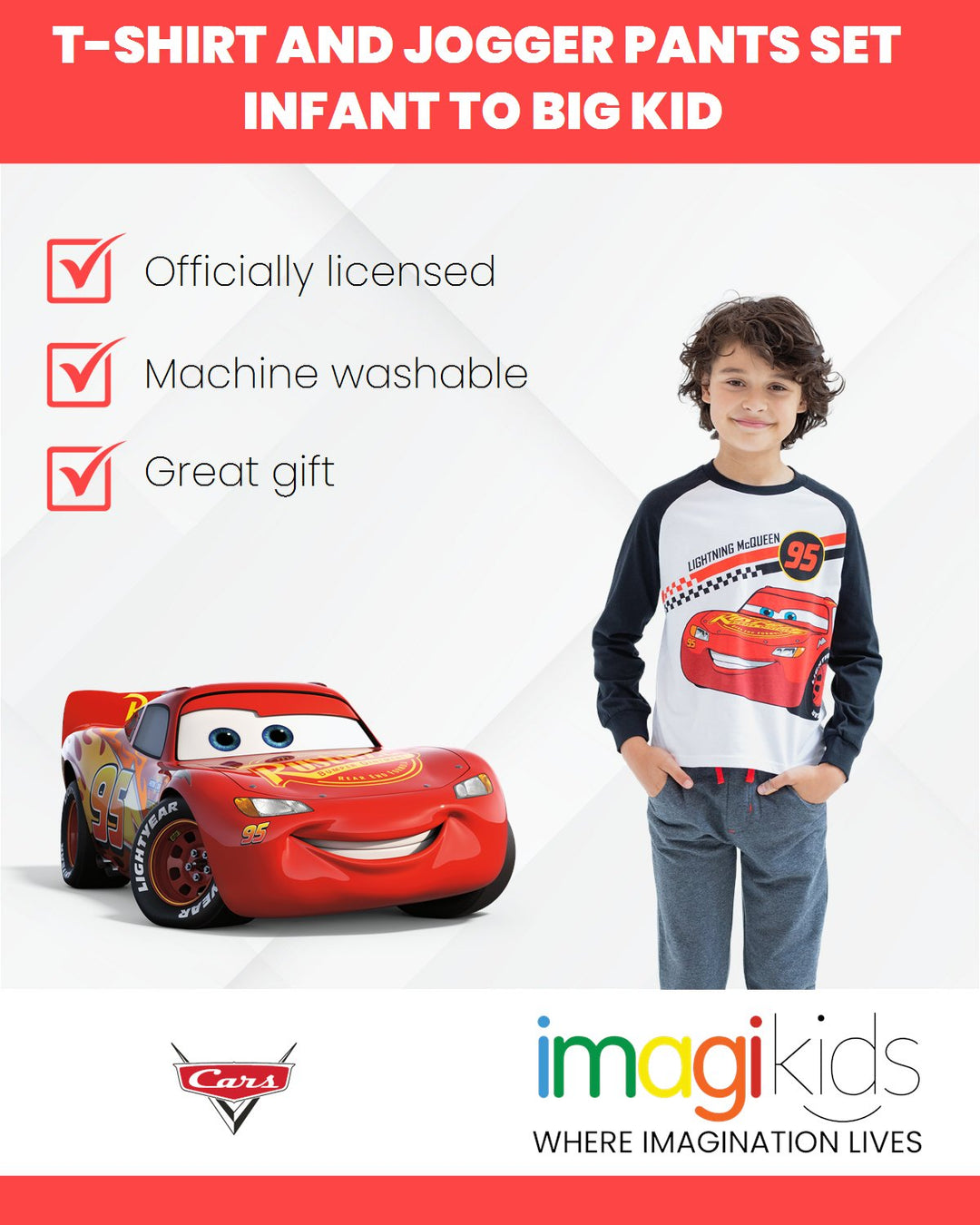 Disney Cars Lightning McQueen T - Shirt and Jogger French Terry Pants Outfit Set - imagikids