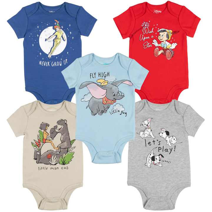 Disney Classics Baloo Dumbo Peter Pan Pinocchio Baby 5 Pack Bodysuits Newborn to Infant