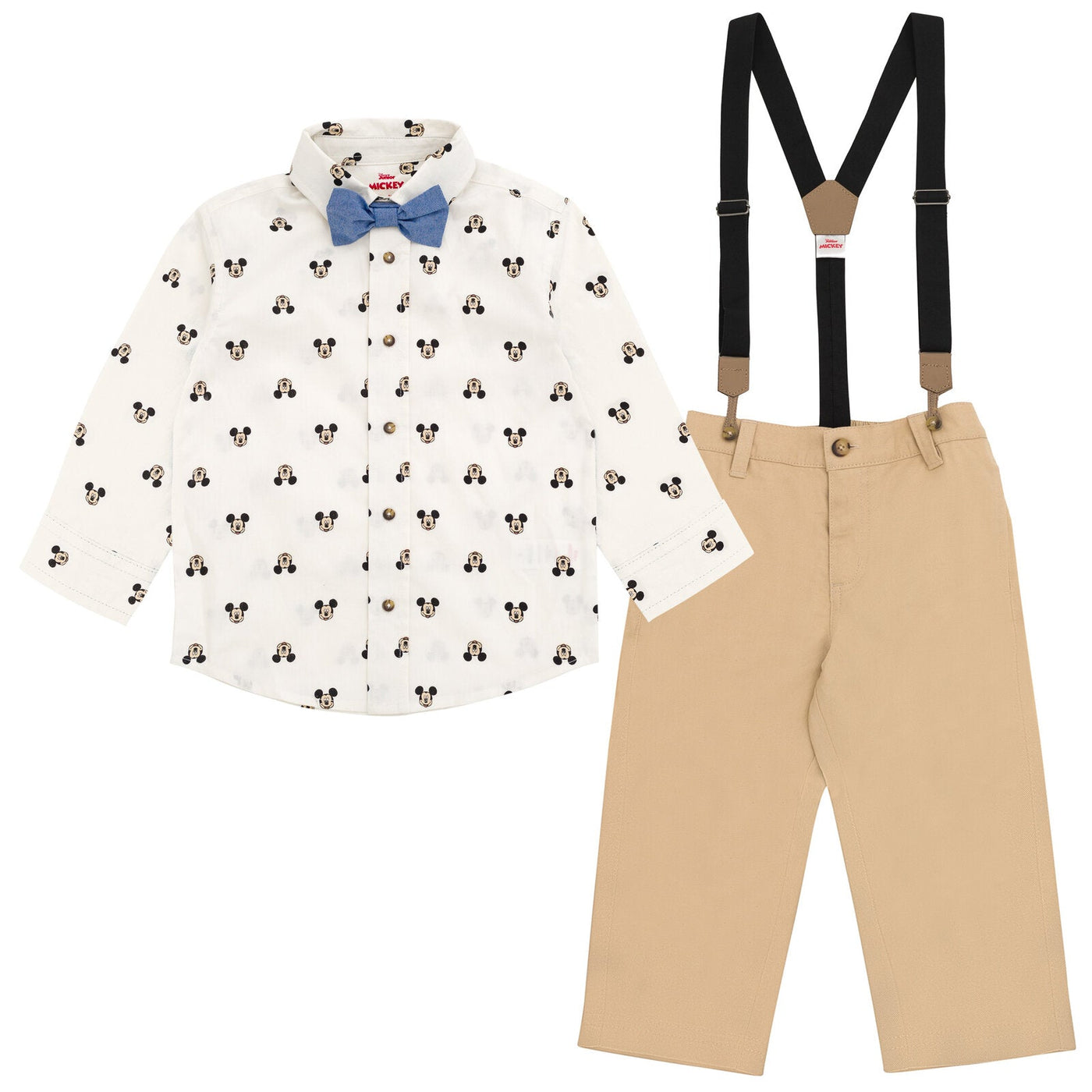 Disney Mickey Mouse Button Down Shirt Twill Pants Suspenders and Bow-Tie 4 Piece Outfit Set - imagikids