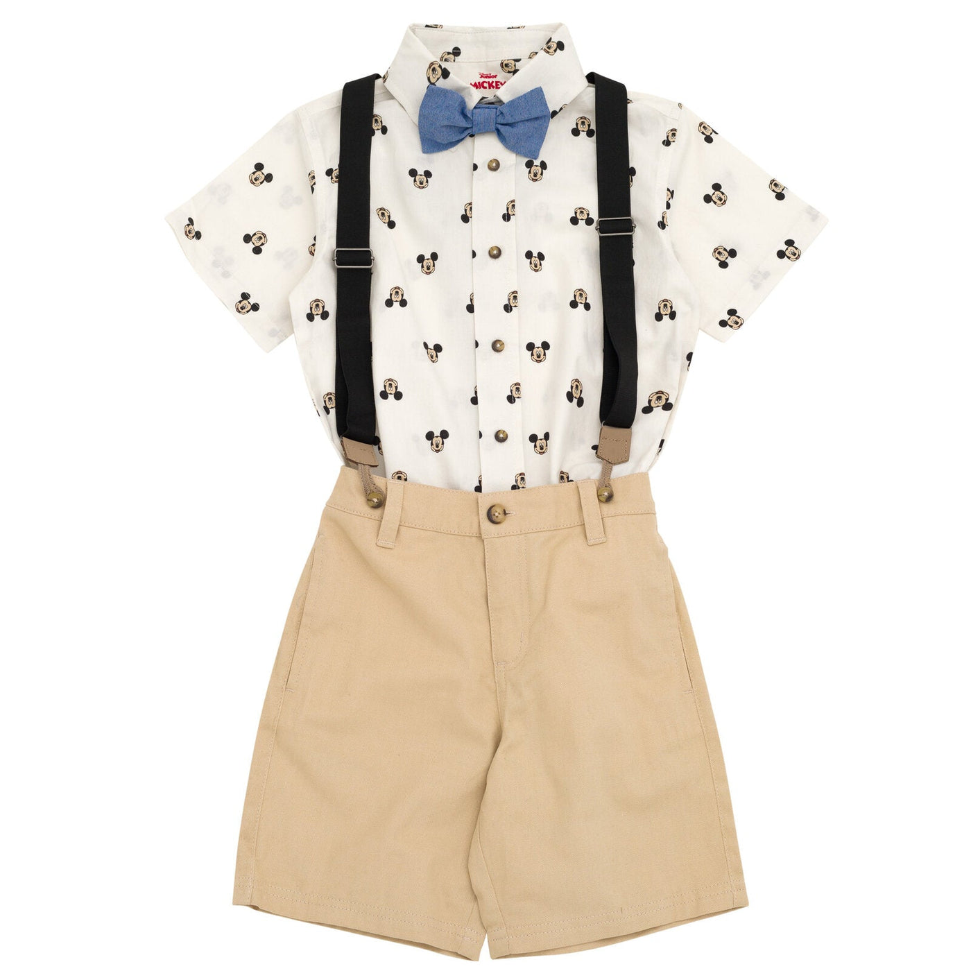 Disney Mickey Mouse Button Down Shirt Twill Shorts Suspenders and Bow-Tie 4 Piece Outfit Set - imagikids