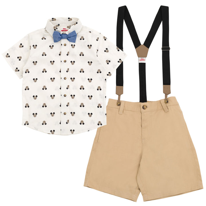 Disney Mickey Mouse Button Down Shirt Twill Shorts Suspenders and Bow-Tie 4 Piece Outfit Set