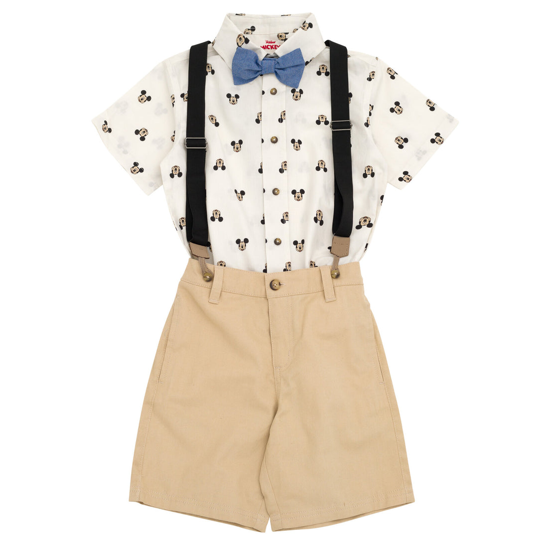 Disney Mickey Mouse Button Down Shirt Twill Shorts Suspenders and Bow-Tie 4 Piece Outfit Set