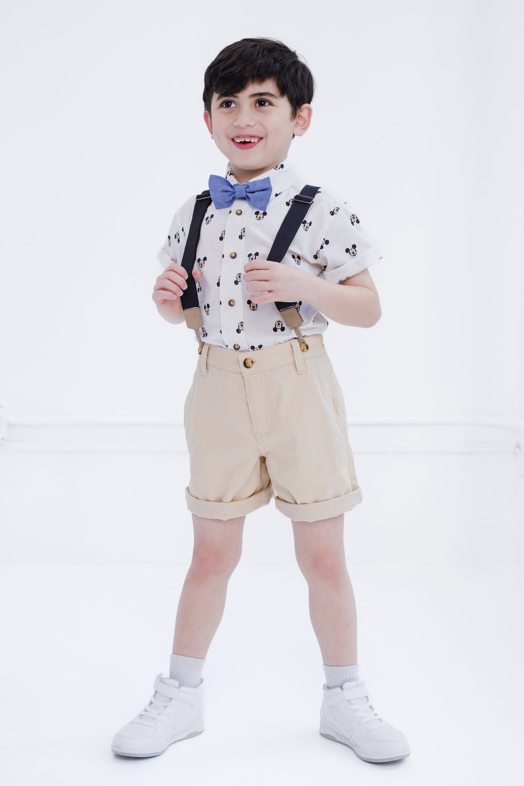 Disney Mickey Mouse Button Down Shirt Twill Shorts Suspenders and Bow-Tie 4 Piece Outfit Set