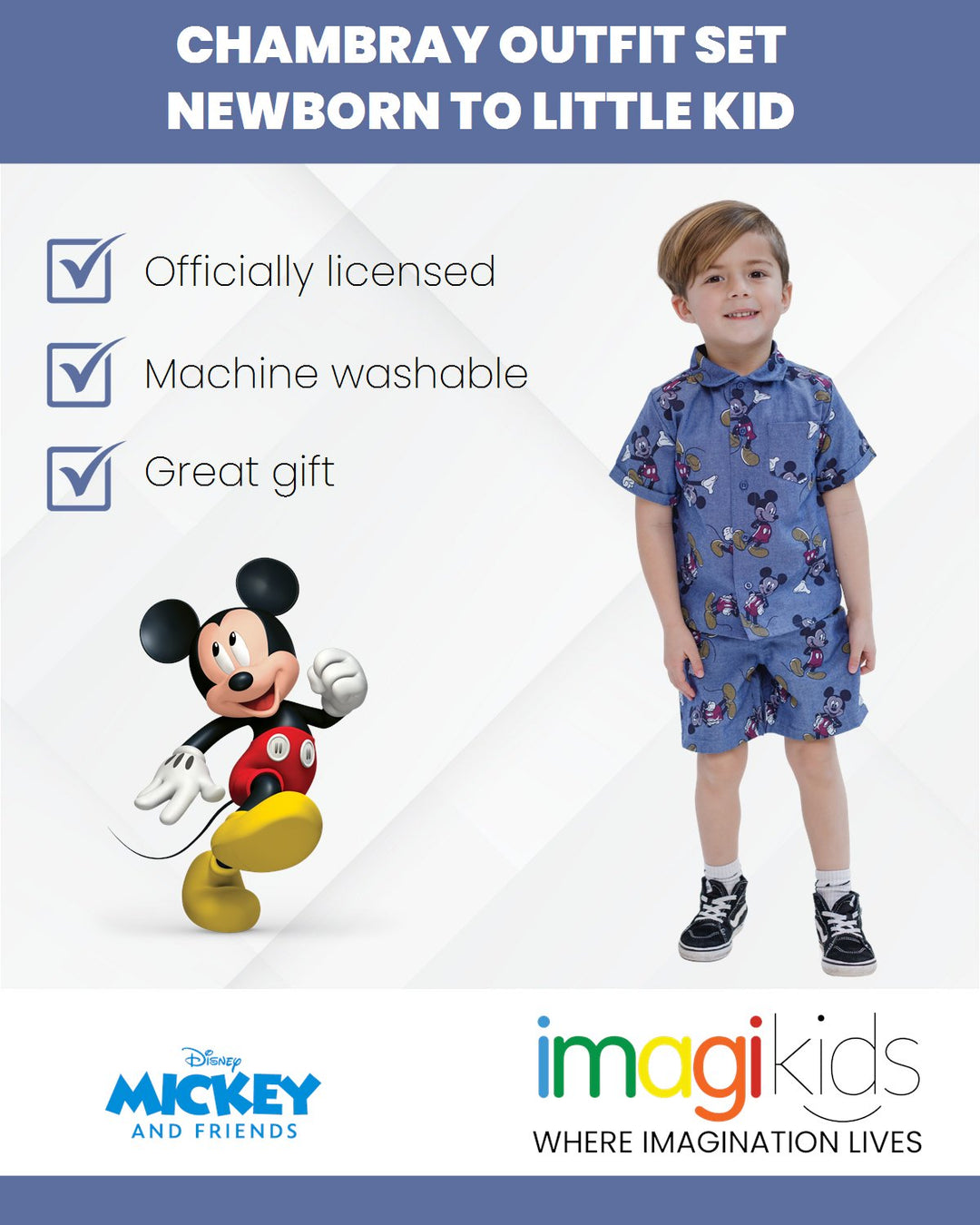 Disney Mickey Mouse Chambray Hawaiian Button Down Shirt and Shorts Outfit Set - imagikids