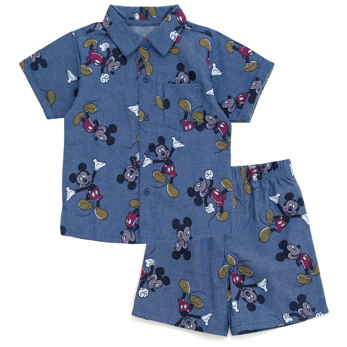 Disney Mickey Mouse Chambray Hawaiian Button Down Shirt and Shorts Outfit Set - imagikids