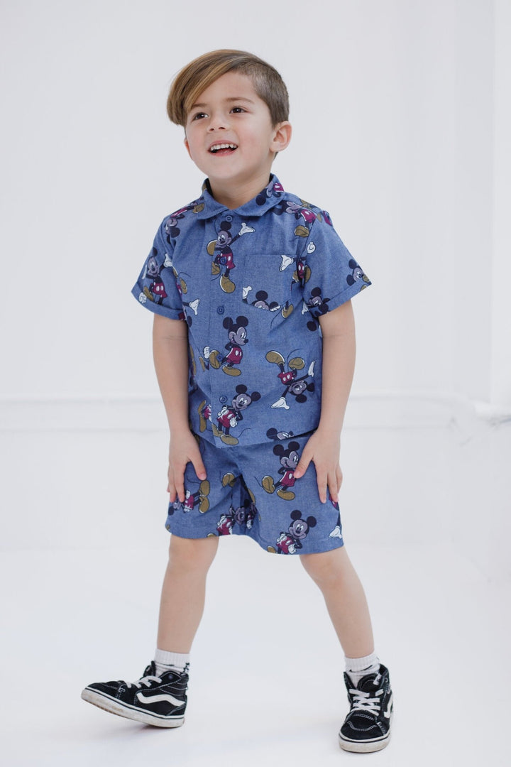 Disney Mickey Mouse Chambray Hawaiian Button Down Shirt and Shorts Outfit Set - imagikids