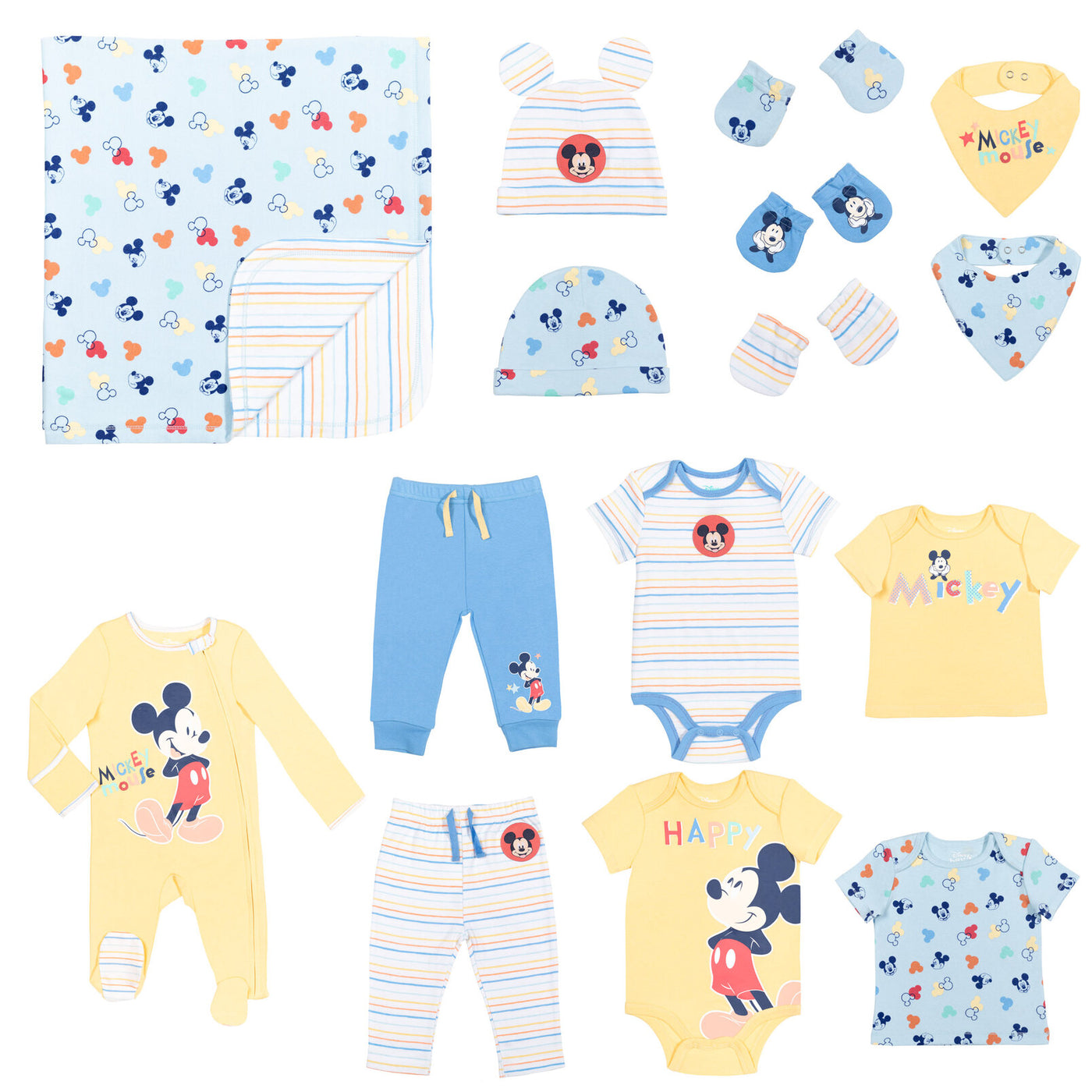 Disney Mickey Mouse Zip Up Coverall Bodysuits T-Shirts Pants Bibs Hats Mitts and Blanket 15 Piece Layette Set