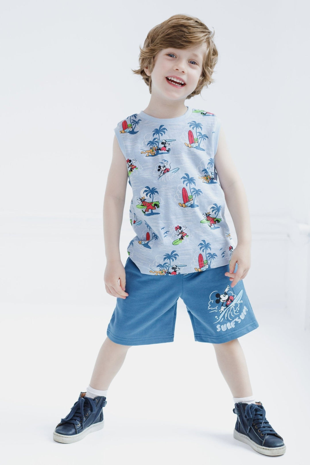 Disney Mickey Mouse T - Shirt Tank Top and French Terry Shorts 3 Piece Outfit Set - imagikids