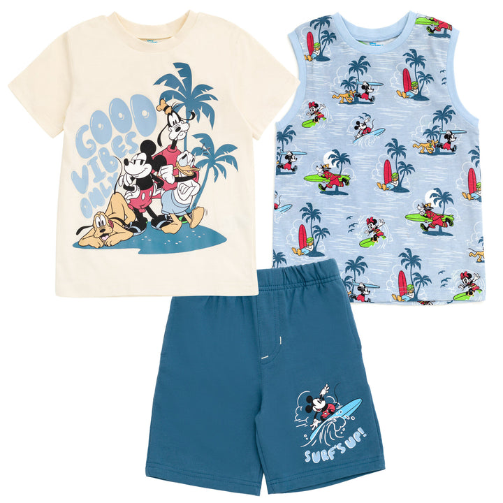 Disney Mickey Mouse T-Shirt Tank Top and French Terry Shorts 3 Piece Outfit Set